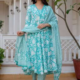 GEKHA Women Floral Printed Regular Thread Work Pure Cotton Kurta with Trousers & With Dupatta-picture-15
