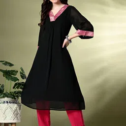 Sangria Woven Design V-Neck A-Line Kurta-image-29