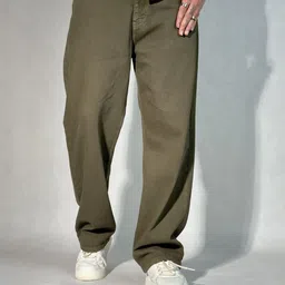 Off Duty India Men Army Green Baggy Fit Straight Leg Jeans-image-70