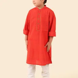 Fabindia Boys Geometric Printed Thread Work Mandarin Collar Cotton Straight Kurta-8