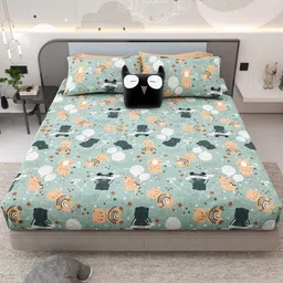 Myntra Elegant Homes Green Cartoon Characters 200 TC King Bedsheet with 2 Pillow Covers-picture-25