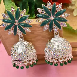 MEIRA JEWELLERY Silver-Plated Artificial Stones Studded & Beaded Dome Shaped Jhumkas-picture-3