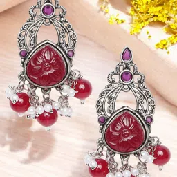 Sangria Artificial Stone Studded & Beads Beaded Oxidised Contemporary Drop Earrings-18
