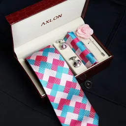 Axlon Men Geometric Tie, Cufflinks, Flower Pin & Pocket Square Accessory Gift Set-12