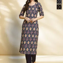 HERE&NOW Selection Of 3 Geometric Printed Round Neck Straight Kurtas-15