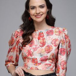 Fabway Clothing Floral Print Puff Sleeve Crepe Styled Back Crop Top-image-93