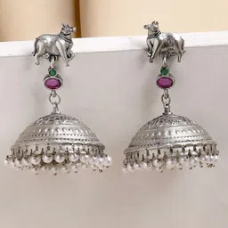 KARATCART Silver-Plated Animal Shaped Oxidized Kundan Jhumkas Earrings-15