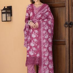 KALINI Floral Printed V-Neck Straight Kurta With Trousers And Dupatta-29
