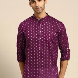 RAJUBHAI HARGOVINDAS Ethnic Motifs Woven Design Band Collar Cotton Straight Short Kurta-image-21