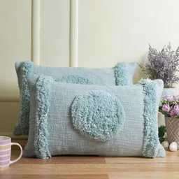 eyda Turquoise Blue 2 Pieces Self Design Cotton Rectangle Cushion Covers-51