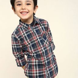 BONKIDS Boys Classic Fit Tartan Checked Spread Collar Cotton Casual Shirt-image-70