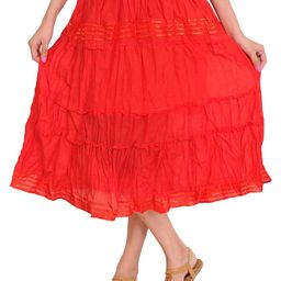 Exotic India Plain Elastic-Waist Midi Skirt With Lace-image-44