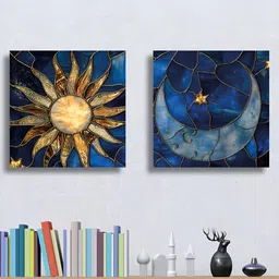 RANDOM 2 Pieces Blue & Yellow Sun And Moon Canvas Wall Art-image-31