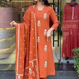 KALINI Women Woven Design Embroidered Cotton A-Line Kurta with Trousers & Dupatta-picture-32