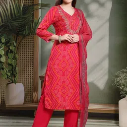 Nayam By Lakshita Women Bandhani Printed Mirror Work Kurta with Trousers & Dupatta-picture-12