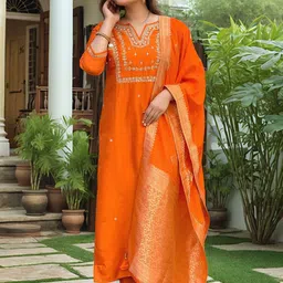 Aaghnya Floral Embroidered Notched Neck Silk Blend Kurta With Trousers & Dupatta-picture-27