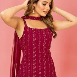 PARROT CREATION Embroidered Sequinned Round Neck Kurti with Sharara & Dupatta image 2