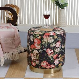 Shadowkart Black & Pink Printed Round Wooden & Velvet Pouffes Pedestal Ottoman-image-89