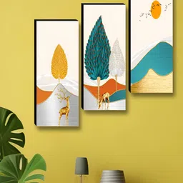 Aura White & Mustard 3 Pieces Floral And Botanical Printed Wood Wall Art-87