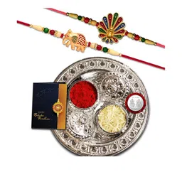 DeoDap Unisex Set of 2 Rakhis with Pooja Thali Roli Chawal Coin Greeting Card Gift Set-image-88