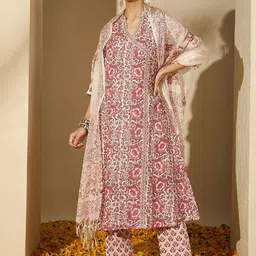 BANDIA Floral Printed Mandarin Collar Angrakha A-Line Kurta With Trousers & Dupatta-picture-1