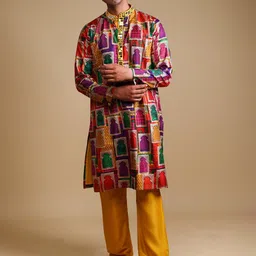THETAA Geometric Printed Mandarin Collar Mirror Work Pure Silk Straight Kurta With Pyjamas-picture-32