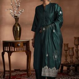 Libas Mandarin Collar Zari Straight Kurta With Salwar & Dupatta-image-9