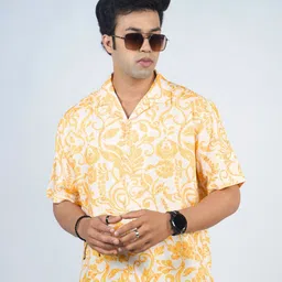 Eszett Men Floral Printed Cuban Collar Pure Cotton Casual Shirt-image-62
