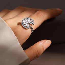 Rubans Rhodium Plated Cubic Zirconia Studded Openable Adjustable Floral Ring-4