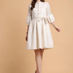Tulsattva Women Mandarin Collar Puff Sleeves Tie-Ups A-Line Midi Dress-image-48