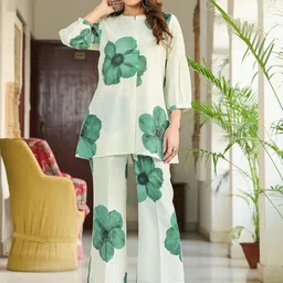 VIBE VISION Printed Mandarin Collar Puff Sleeves Tunic With Trouser-image-67
