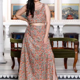 MIRAVAN Floral Printed Cotton Crop Top With Skirt Co-Ords-image-55