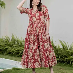 Mizaz Women Floral Printed Pure Cotton Fit & Flare Midi Dress-image-64