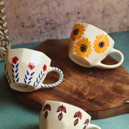 WEAVING HOMES Yellow & Off White 3 Pieces Printed Ceramic Glossy Mugs-50