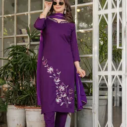 Moda Rapido Floral Embroidered Thread Work Straight Kurta With Trousers And Dupatta-28