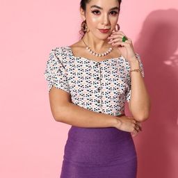 Moda Rapido Geometric Print Puff Sleeve Crepe Crop Top-picture-43