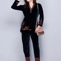 EVORA V-Neck Embroidered Velvet Tunic & Trouser-image-6
