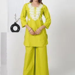 TULSILICIOUS Floral Embroidered Pure Cotton Round Neck Tunic With Palazzos-picture-9