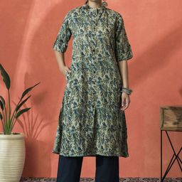 Sangria Floral Printed Mandarin Collar Three-Quarter Sleeves Panelled A-Line Kurta-12
