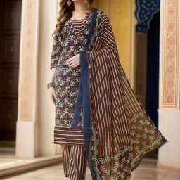 KALINI Women Floral Printed Regular Pure Cotton Kurta with Trousers & With Dupatta-image-39