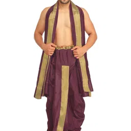 Exotic India Dhoti and Angavastram Set with Wide Golden Border (Ready to Wear)-image-88