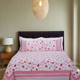 SHAHENAZ Pink & White Floral Cotton 120 TC Super King Bedsheet Set-2.7 m X 2.7 m-image-64