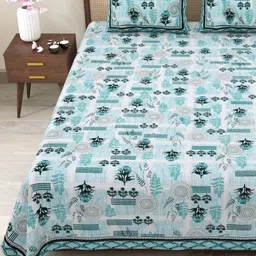 Myntra Elegant Homes Sea Green & Grey Floral 180 TC King Bedsheet with 2 Pillow Covers-picture-42