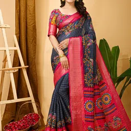 Panzora Kalamkari Printed Zari Saree With Unstitched Blouse Piece-picture-7