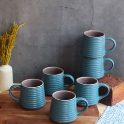 WEAVING HOMES Blue 6 Pieces Textured Ceramic Glossy Mugs 230 ml-22