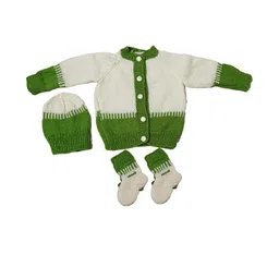 Cute Collection Unisex Kids Striped Woollen Cardigan With Cap & Pair of Socks-57