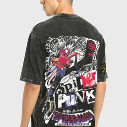 Bewakoof Men Spider-Man Graphic Printed Acid Wash Round Neck Cotton Oversized T-shirt-picture-42