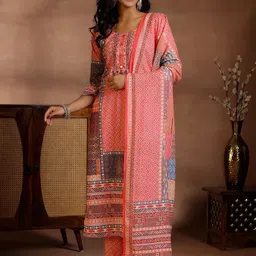 Libas Floral Printed Mirror Work Linen Kurta with Trousers & Dupatta image 1