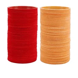 Guddan Set of 96 Red & Peach Metal Velvet Bangles-image-94