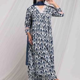 Anouk Floral Printed Regular Thread Work A-Line Kurta with Palazzos & Dupatta image 4